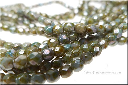 4mm Round GREEN Luster PICASSO Czech Glass Fire Polished Beads 