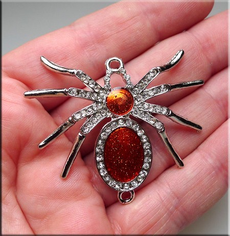 Large Spider Connector, Crystal Studded, Silver Plated 