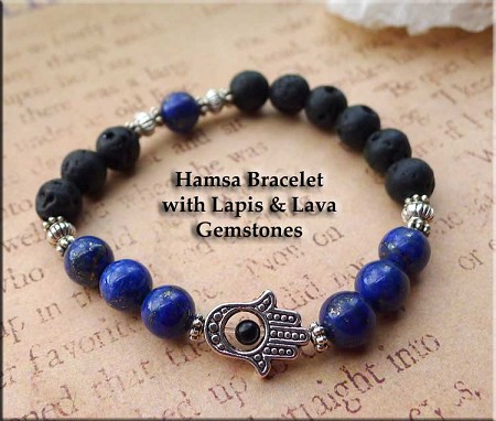 Hamsa Hand Evil Eye Bracelet with Lava and Lapis Lazuli 