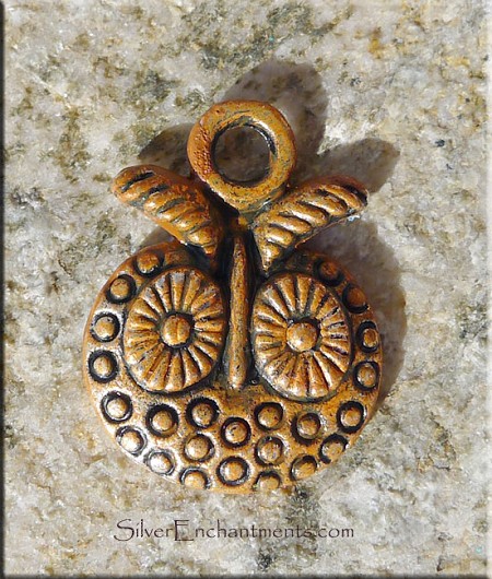 Folk Owl Charm, Copper Rust Patina - More Metallic Copper Colored than the picture shows Patina 