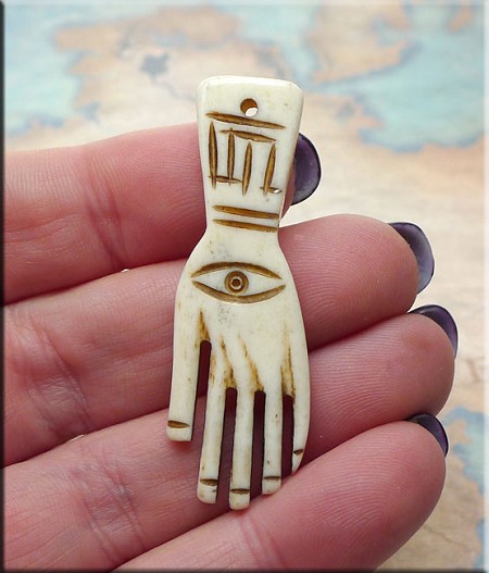 Carved Bone Evil Eye Warding Hand Talisman Pendant 