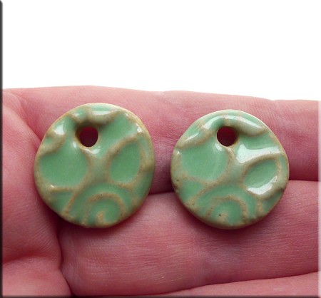 PAIR Glazed Ceramic Round Coin Disc Charms, LIGHT JADE 
