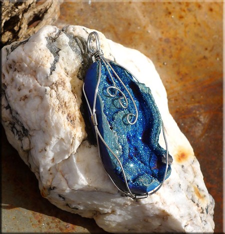 Wire-Wrapped Sugared Druzy Chalcedony Rose Pendant 