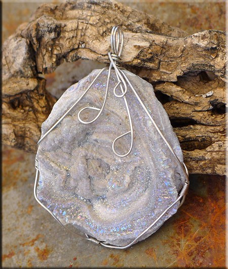 Wire-WrappedSugared Silver-Grey Druzy Chalcedony Rose Pendant 