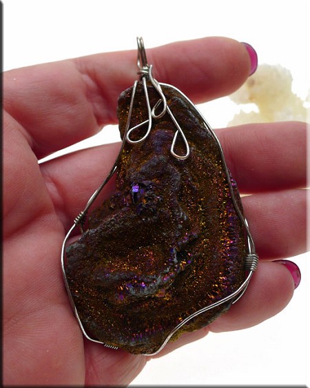 Wire-WrappedGold-Purple Druzy Chalcedony Rose Pendant 
