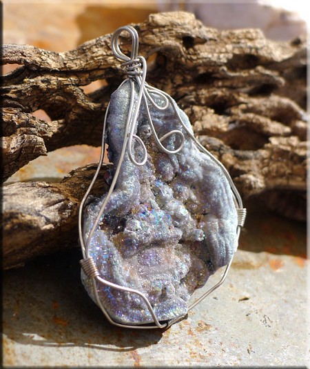 Wire-Wrapped Sparkling Silver-Grey Druzy Chalcedony Rose Pendant 