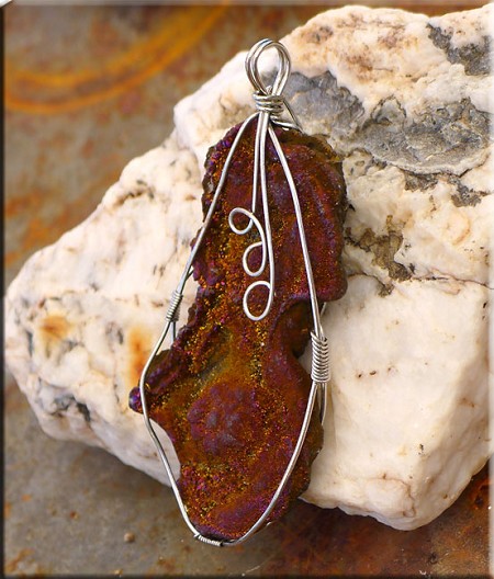 Wire Wrapped Sparkling Gold-Purple Druzy Chalcedony Rose Pendant 