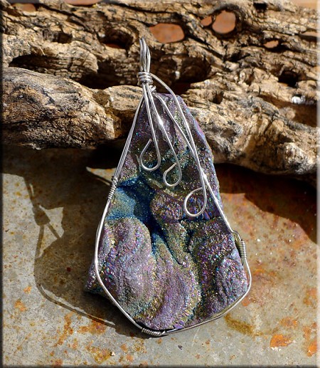 Wire Wrapped Sparkling Volcano Multicolor Druzy Chalcedony Rose Pendant 