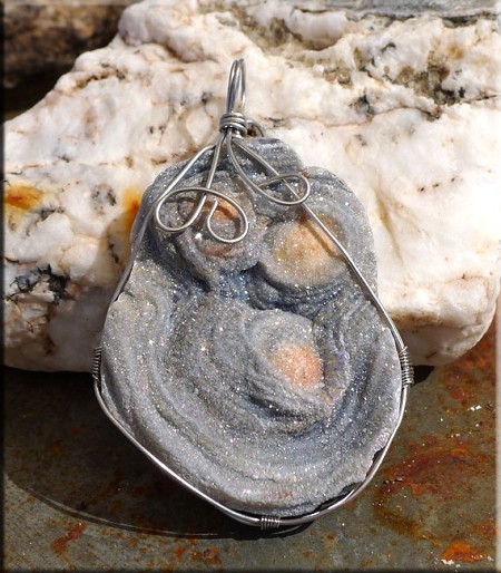 Wire Wrapped Sparkling Silver-Grey Druzy Chalcedony Rose Pendant 