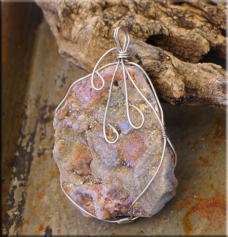 Wire Wrapped Sugared Druzy Chalcedony Rose Pendant 