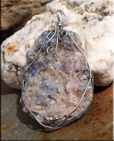 Wire Wrapped Sparkling Druzy Chalcedony Rose Pendant 