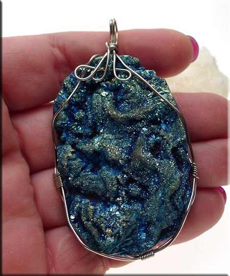 Wire Wrapped Sparkling Blue Druzy Chalcedony Rose Pendant 