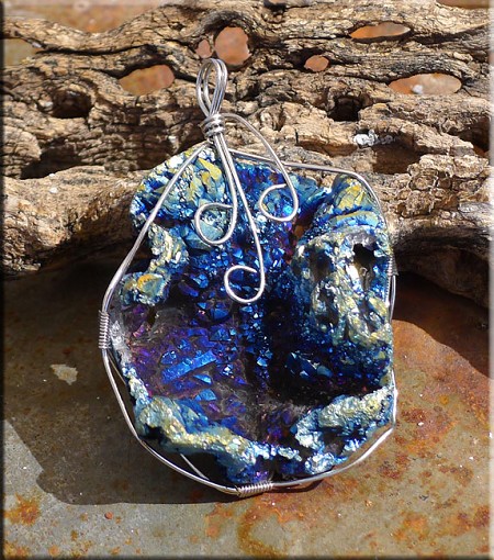 Wire Wrapped Sparkling Blue Druzy Chalcedony Rose Pendant 