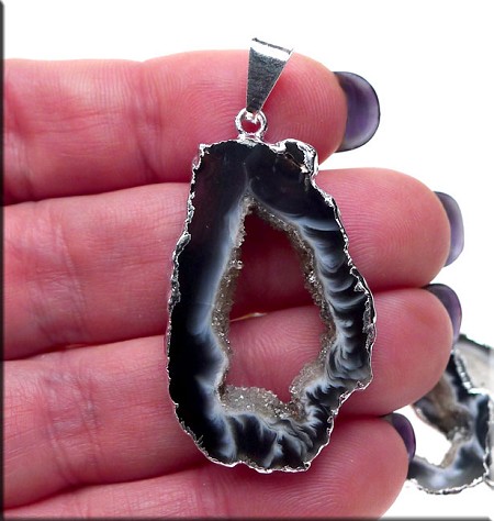 Sliced Geode Druzy Agate Pendant with Silver 36x23mm 