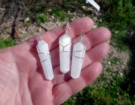 Selenite Pendant Necklace, Wire Wrapped Selenite Crystal Wand 