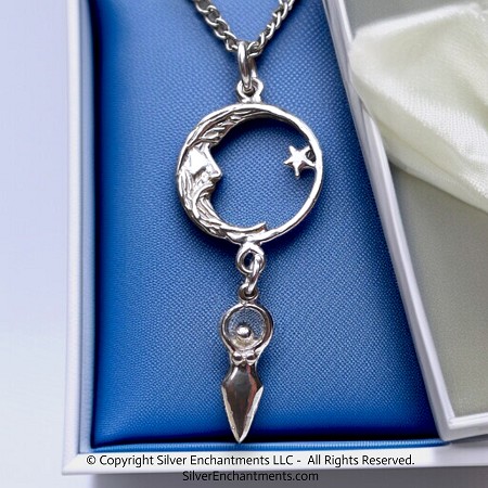 Sterling Silver Moon with Dangling Lunar Goddess Pendant 