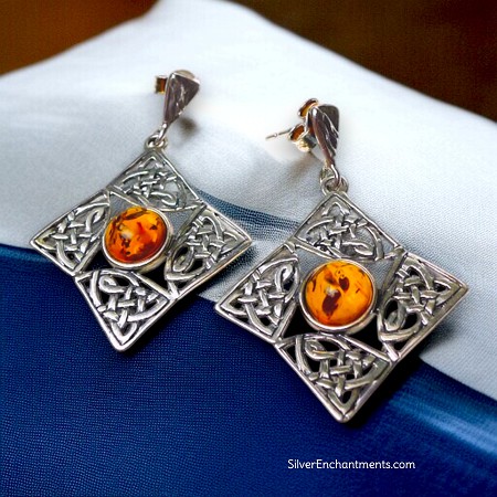 Sterling Silver and Baltic Amber Celtic Knot Earrings 