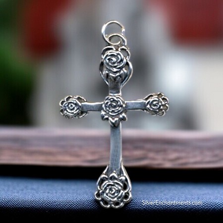 Sterling Silver Rose Cross Pendant 