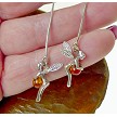 Sterling Silver Dangling Long Tinkerbell Post Earrings w Baltic Amber 