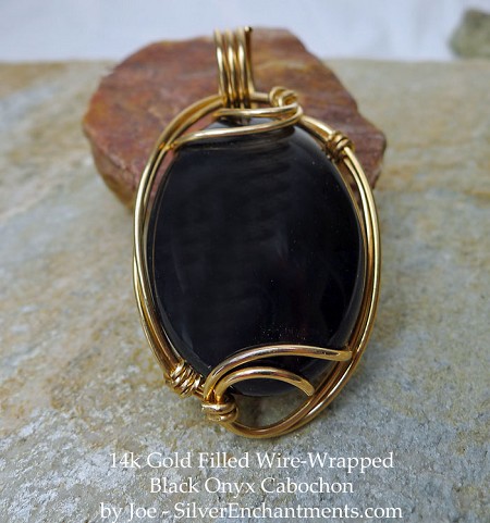14k Gold Wire-Wrapped Black Onyx Cab Pendant 