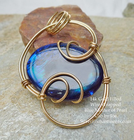 14k Gold Wire-Wrapped Blue Mother of Pearl Shell Cab Pendant 